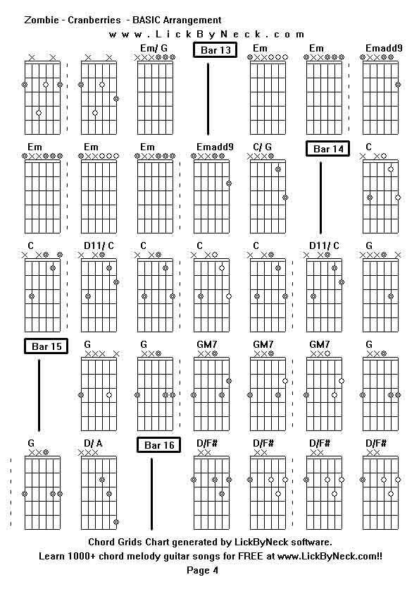 Chord Grids Chart of chord melody fingerstyle guitar song-Zombie - Cranberries  - BASIC Arrangement,generated by LickByNeck software.